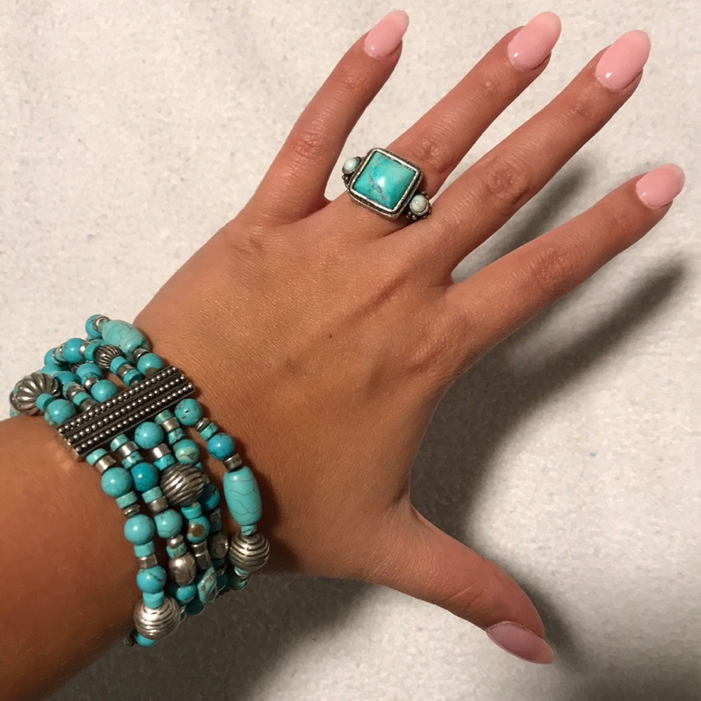 Teal bracelet and ring set